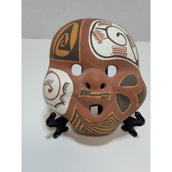 South America Latin Aztec Style Geometric Artisan Small Clay Mask White Black - Picture 4 of 6